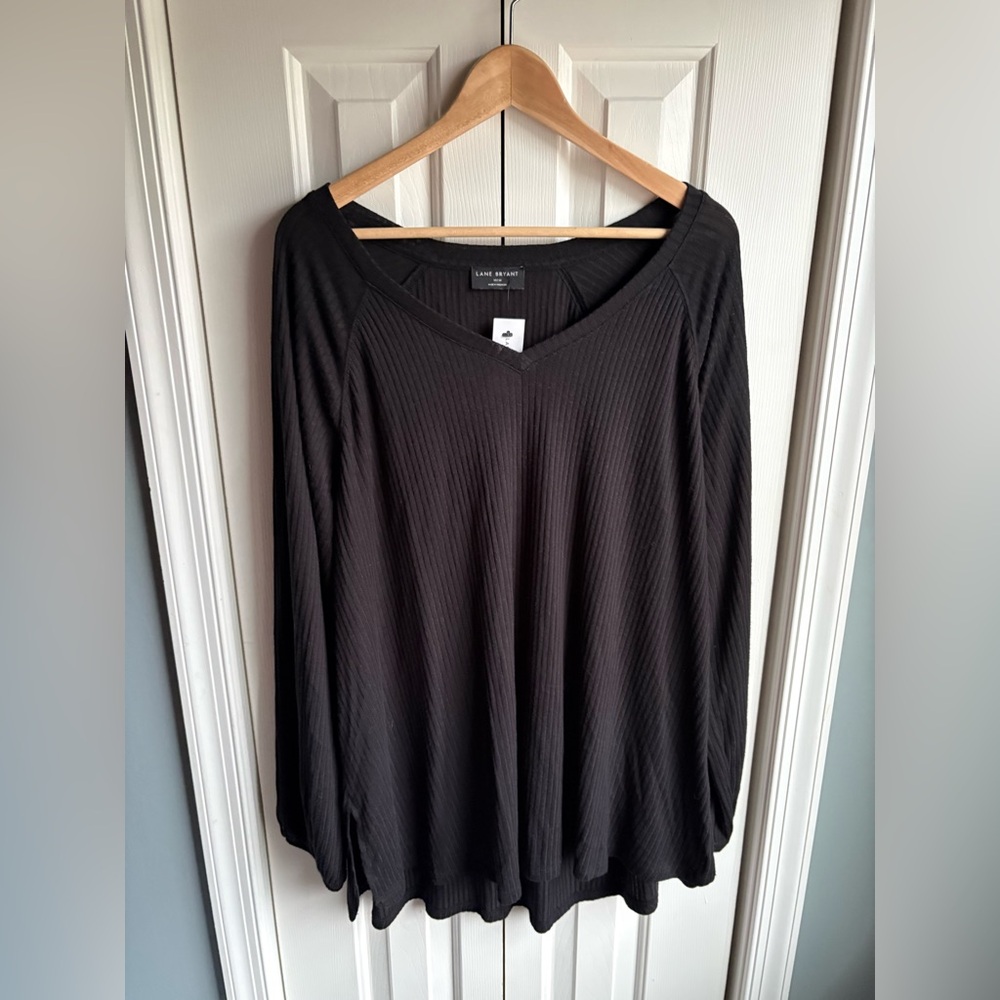 Lane Bryant Black Ribbed V-neck Pullover Long Sleeve Tunic Top 14/16 NWT